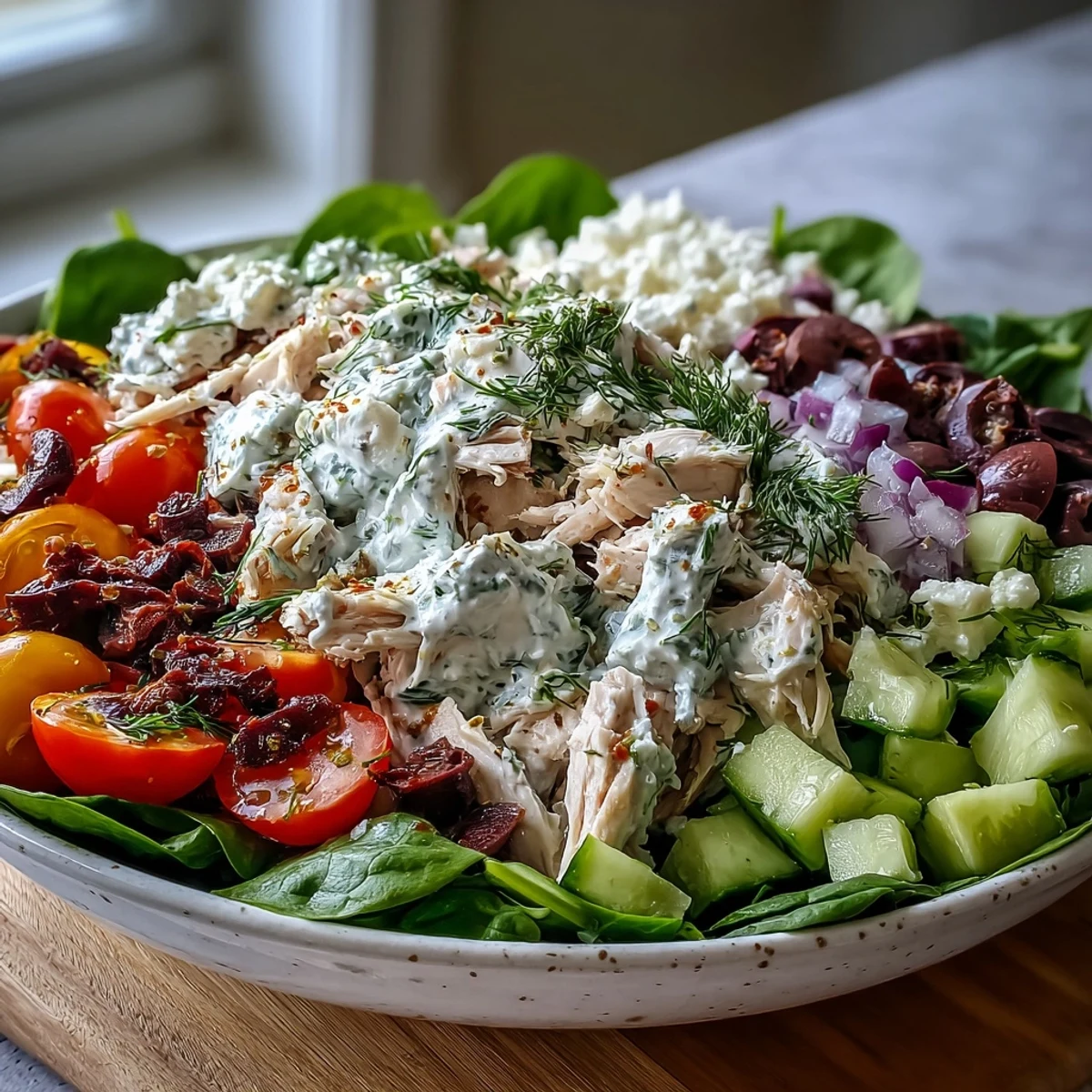Creamy Tzatziki Chicken Salad with fresh dill and cucumber on spinach.