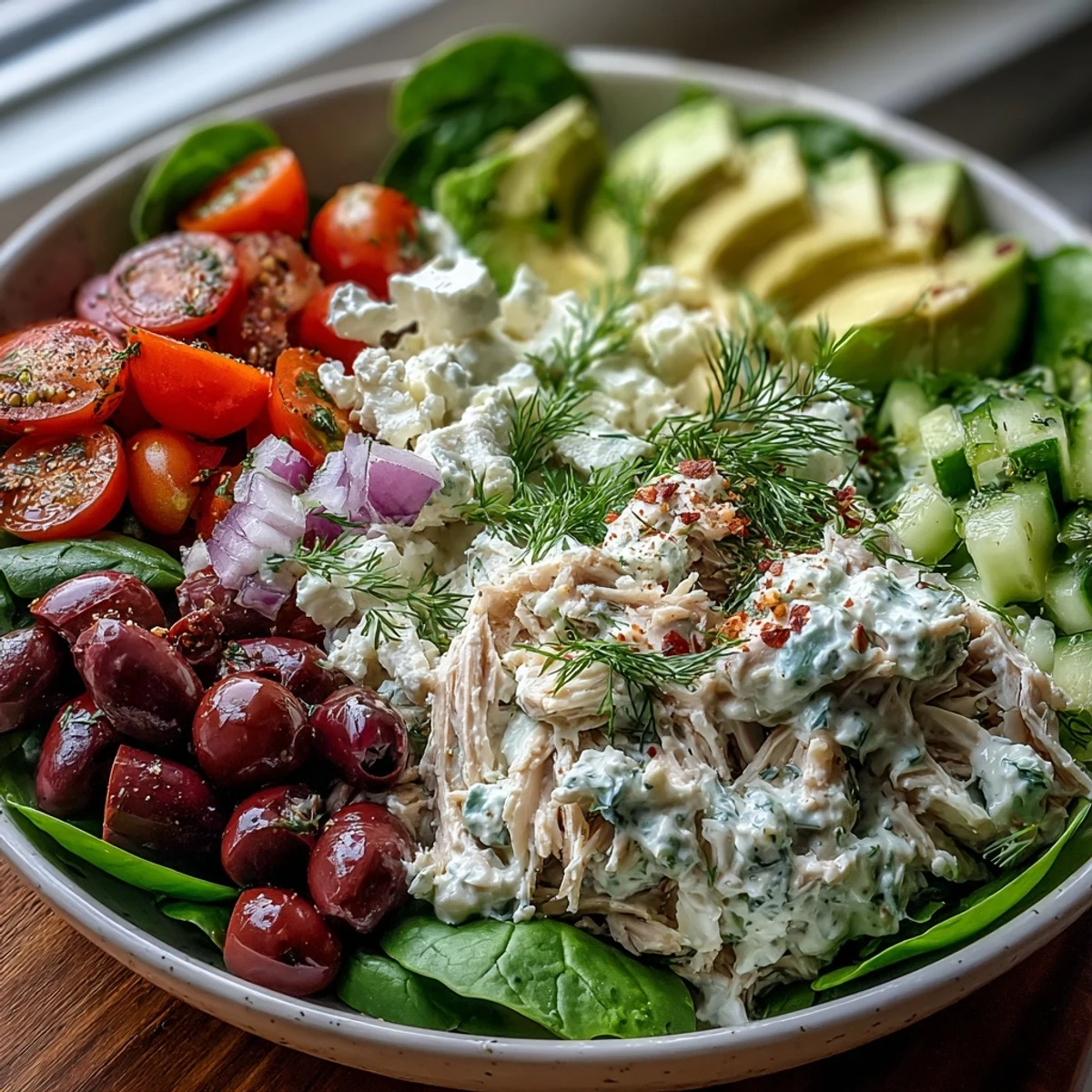 Shredded rotisserie chicken tossed with tangy tzatziki, red onion, and feta.