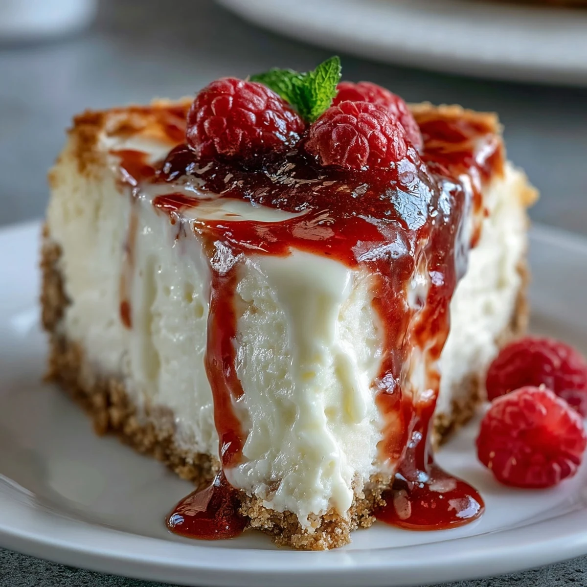 A slice of Indulgent White Chocolate Raspberry Cheesecake Bliss sits on a plate, featuring a creamy white filling with vibrant red swirls and a buttery graham cracker crust.