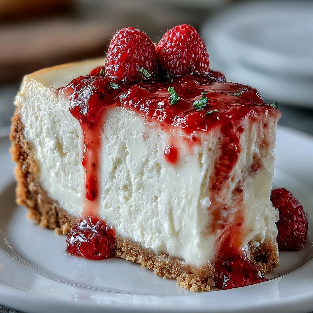 A fork rests beside a generous slice of Indulgent White Chocolate Raspberry Cheesecake Bliss, showcasing the luscious texture and decadent white chocolate chunks throughout.