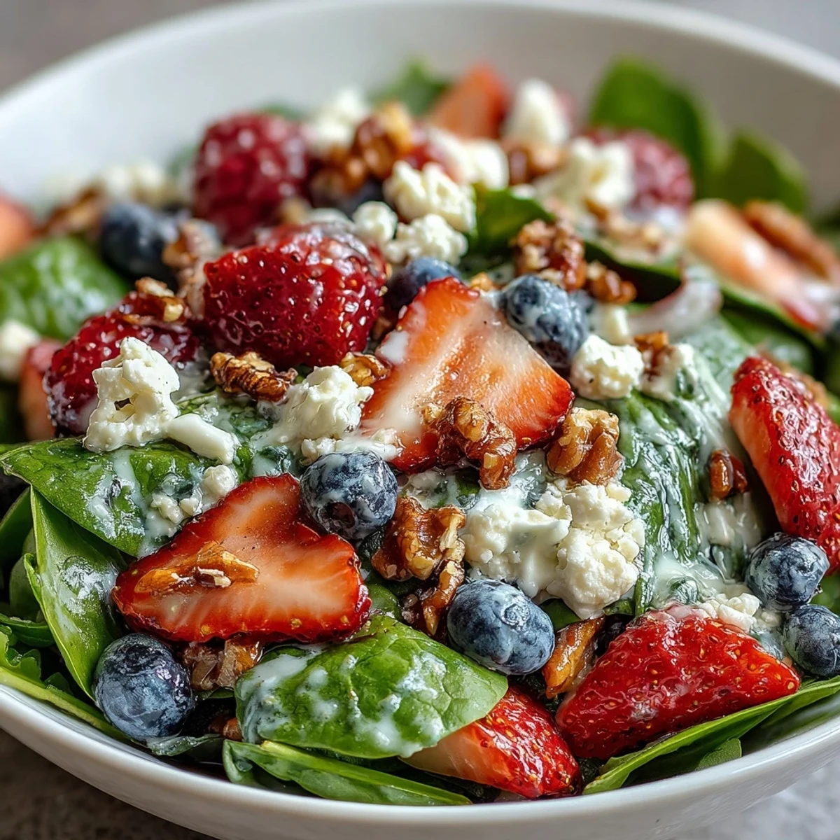 Fresh baby spinach and juicy mixed berries are tossed in a tangy balsamic vinaigrette in this vibrant Spinach and Berry Salad Bowl.