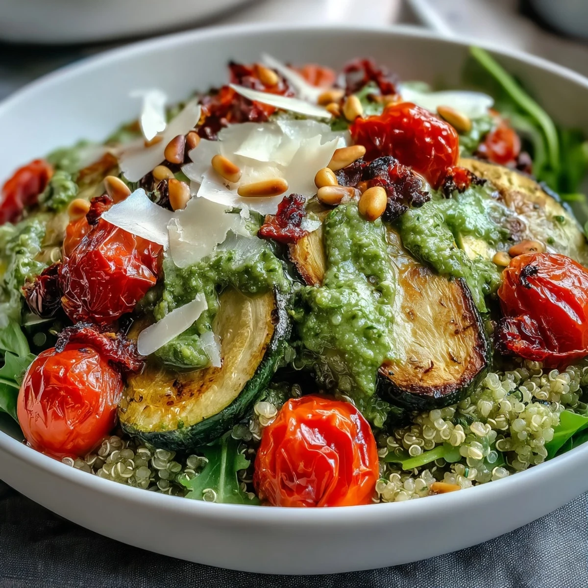 Roasted zucchini and tomatoes sit atop quinoa in a vibrant Arugula Pesto Bowl, drizzled with green homemade pesto.