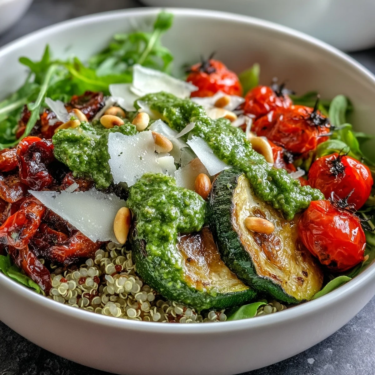 Fork-ready Arugula Pesto Bowl garnished with shaved Parmesan and pine nuts, featuring fresh arugula and tender roasted vegetables.
