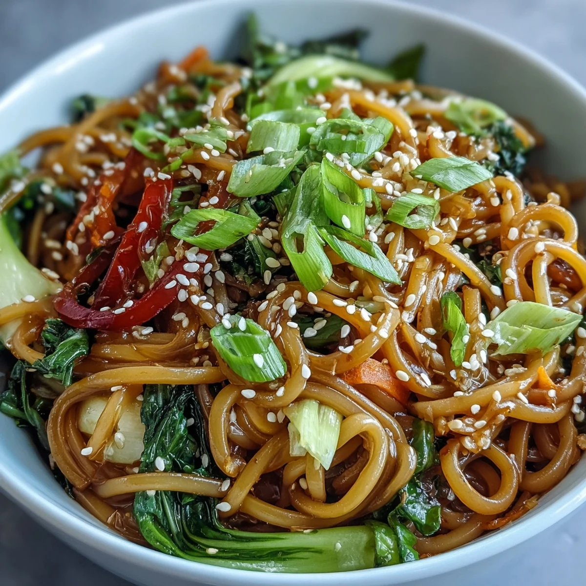 Healthy low-carb vegan meal served warm, with colorful carrot ribbons and bright green bok choy.