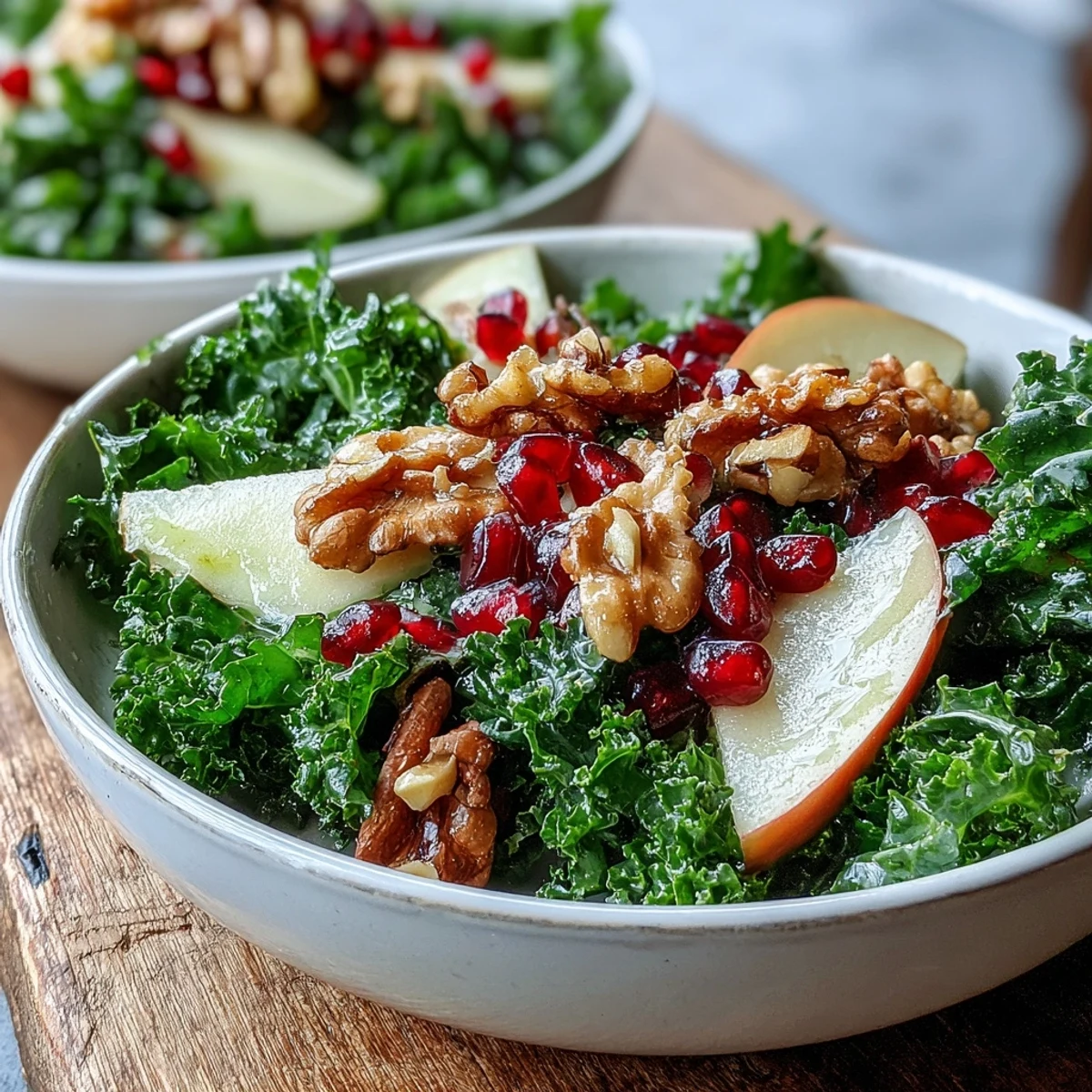 Freshly massaged kale, sliced red apple, and bright pomegranate arils tossed in a tangy apple cider vinaigrette, topped with crunchy walnuts for a vibrant Kale and Pomegranate Bowl.