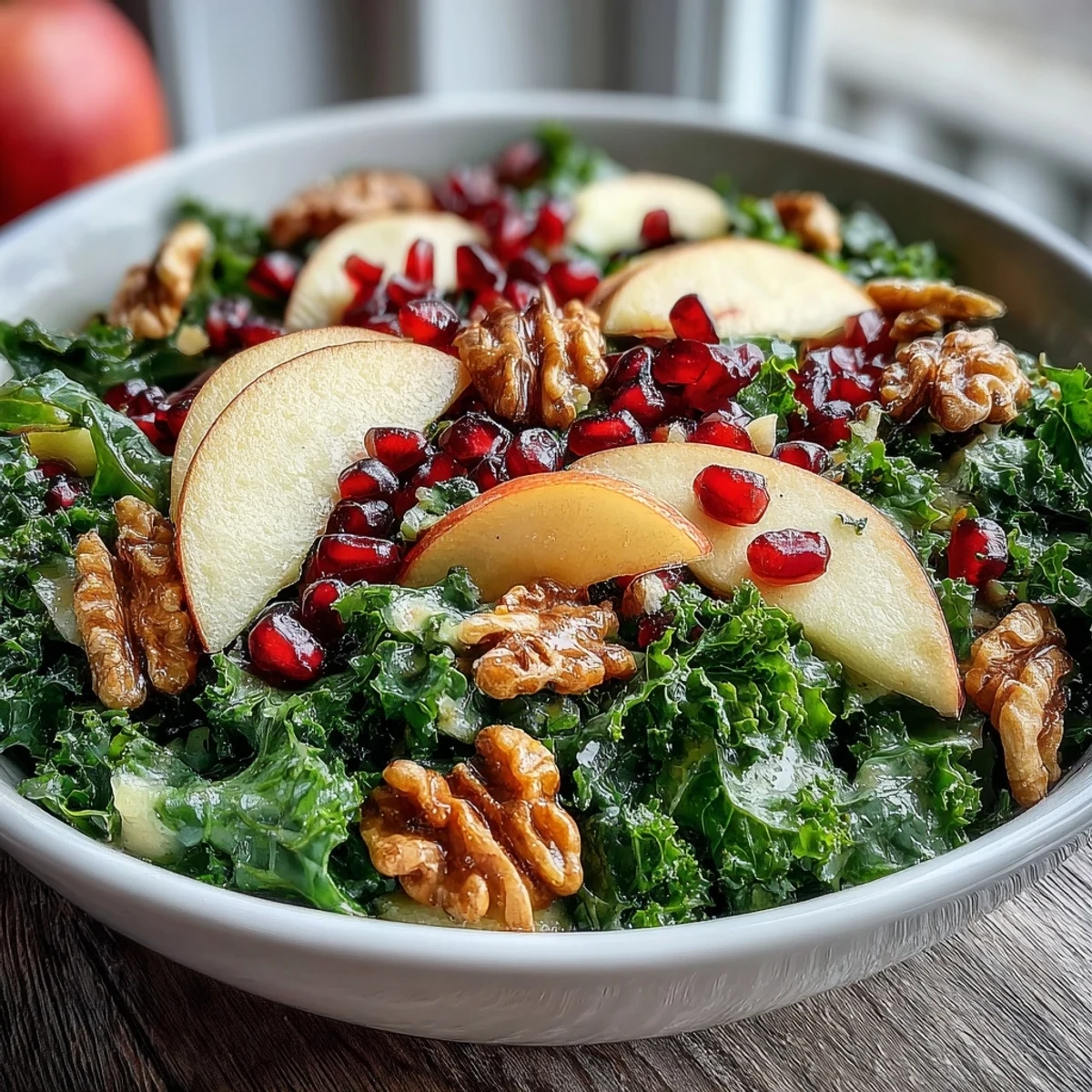 Two beautiful servings of a Kale and Pomegranate Bowl featuring tender greens, crisp apple slices, ruby-red seeds, and chopped walnuts ready for a healthy lunch or side dish.