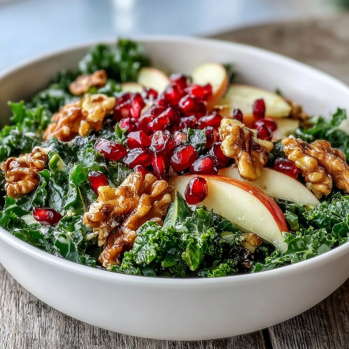 Vivid close-up of a nutrient-packed Kale and Pomegranate Bowl with olive oil-dressed kale, sweet apple wedges, juicy pomegranate seeds, and walnuts on a white plate.