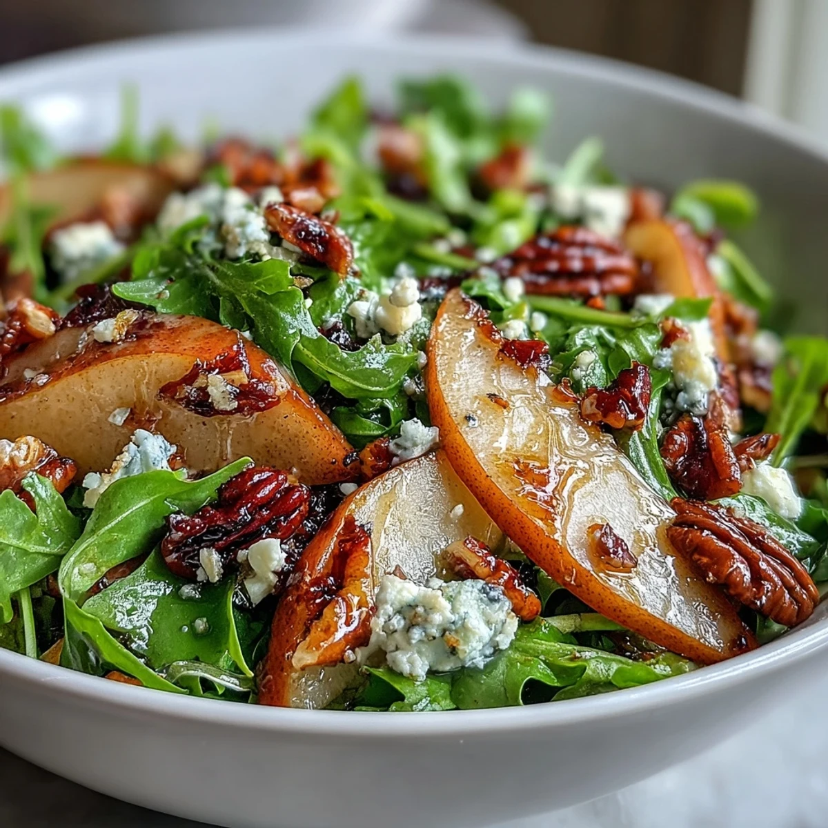 Fresh peppery arugula and ripe sliced pears topped with crumbled blue cheese and crunchy toasted walnuts in a bowl.