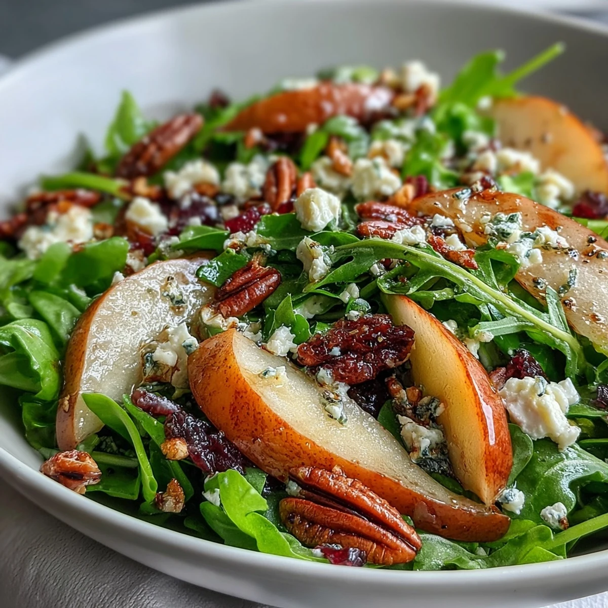 Arugula and Pear Bowl salad drizzled with sweet balsamic dressing, served as a refreshing vegetarian starter for four.