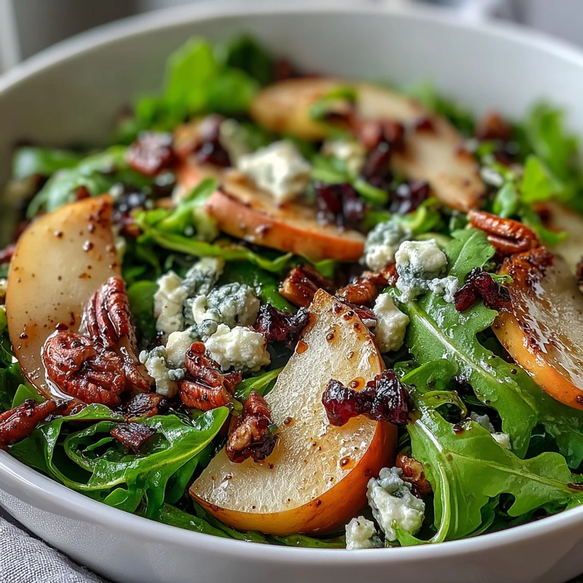Vibrant Arugula and Pear Bowl with creamy cheese and honeyed vinaigrette, perfect alongside grilled chicken for a light lunch.