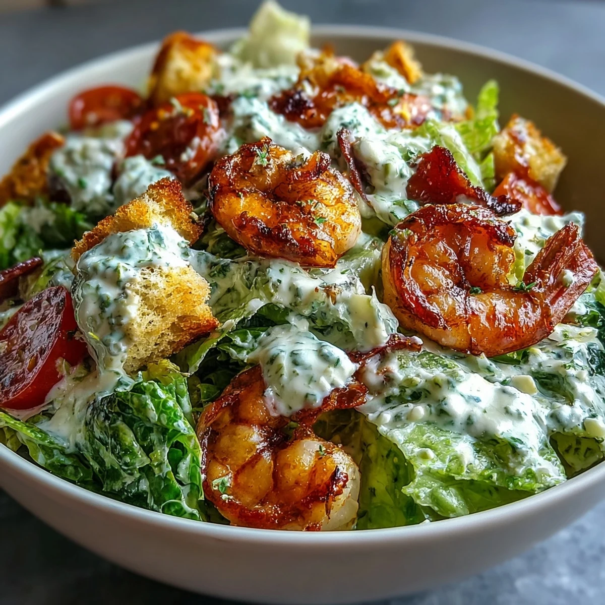 Hearty Romaine Caesar Bowl featuring crisp romaine, roasted chickpeas, and homemade croutons, drizzled with creamy Caesar dressing.