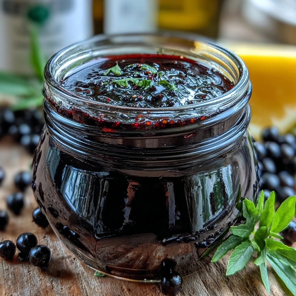 A glass jar of Black Currant Vinaigrette sits beside fresh greens and beets.