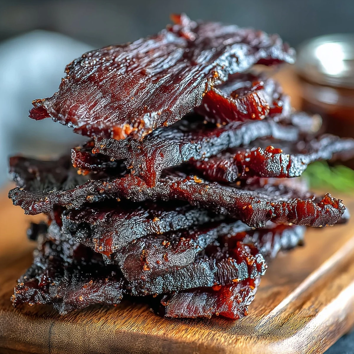 Glistening strips of Black Currant Smoky Jerky, boasting a deep mahogany hue and sticky BBQ glaze, rest on a rustic wooden board.