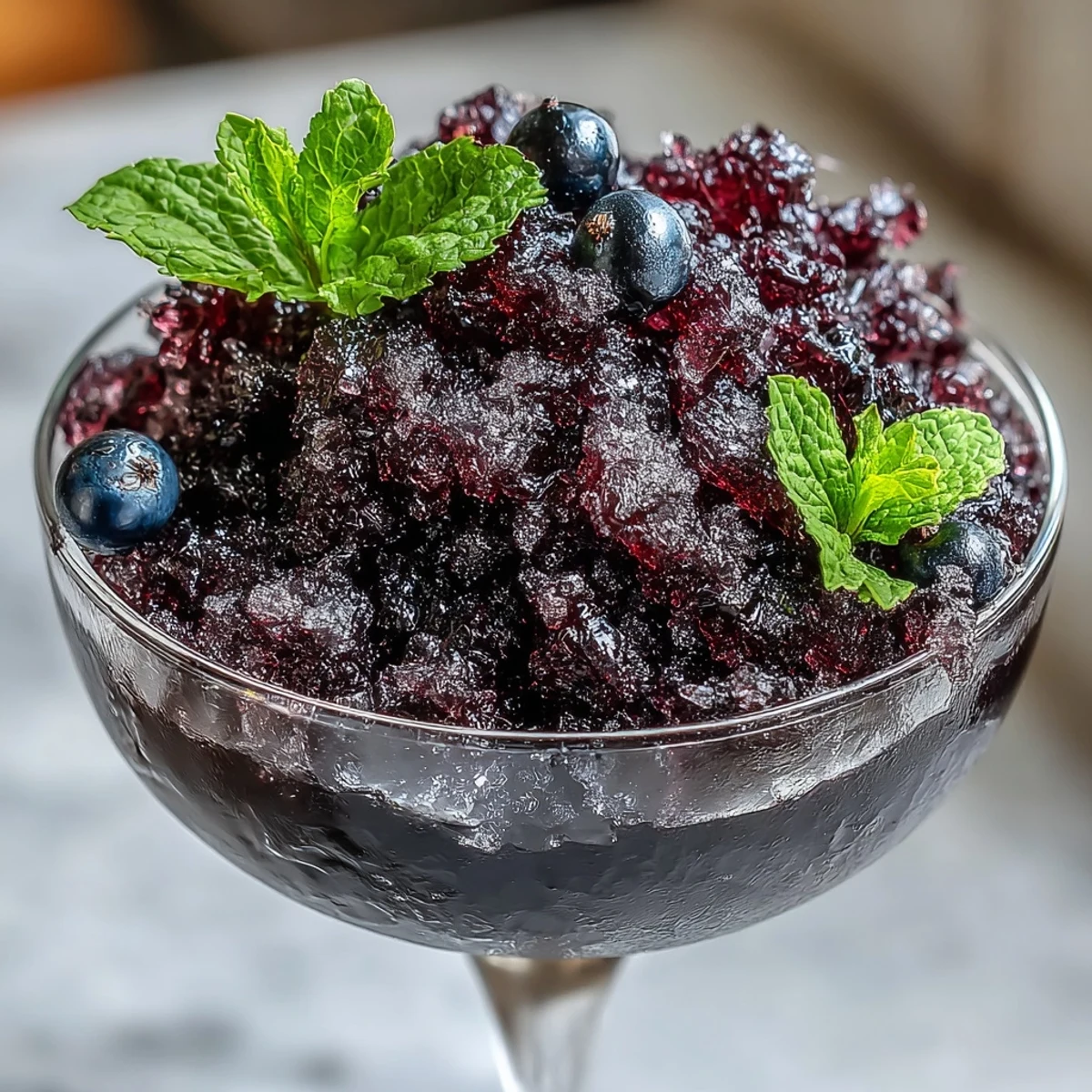 Spoonfuls of vibrant Black Currant Granita served in dessert bowls, topped with fresh berries for a refreshing summer treat.