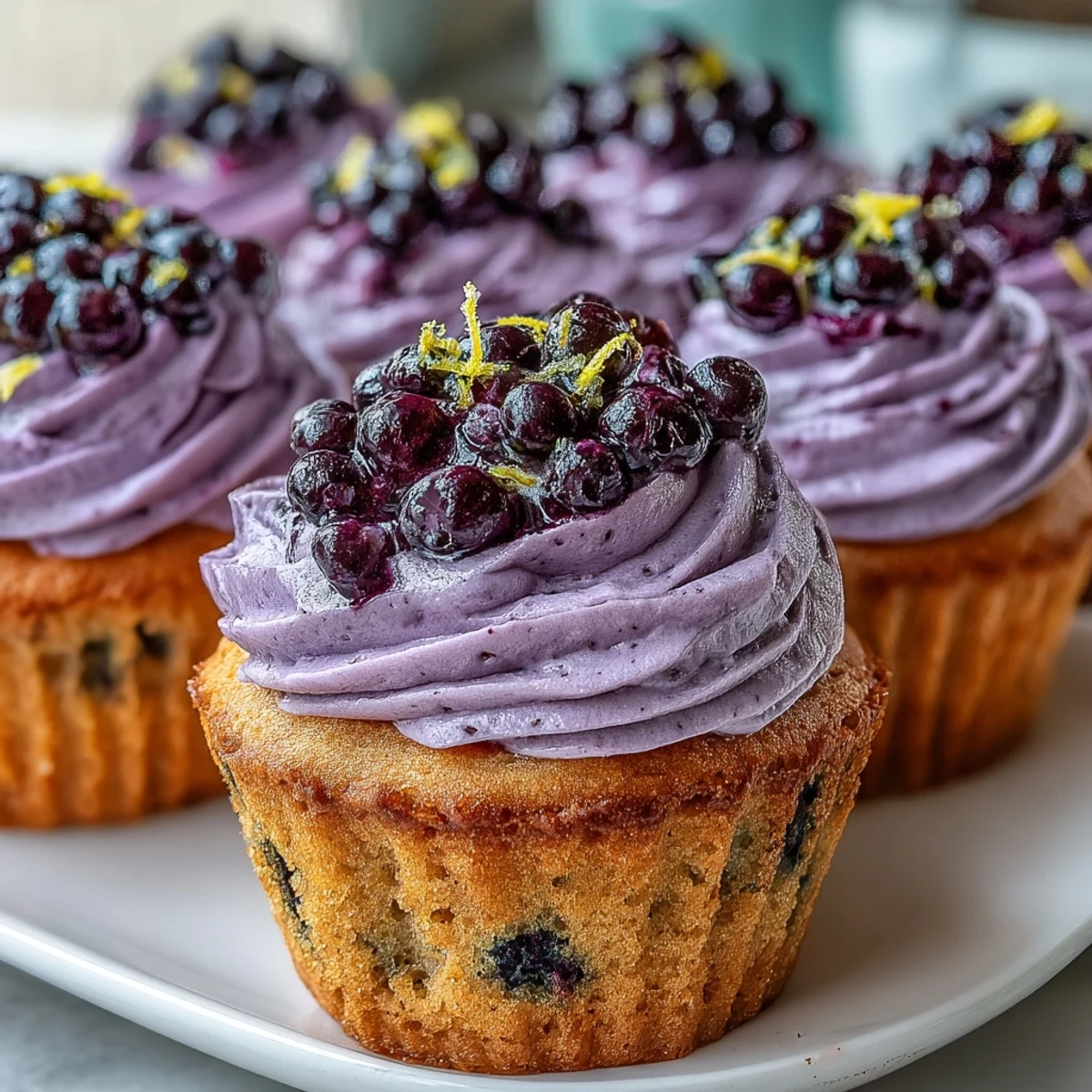 Olive Oil Cupcakes With Black Currant Frosting stacked and garnished with zest.