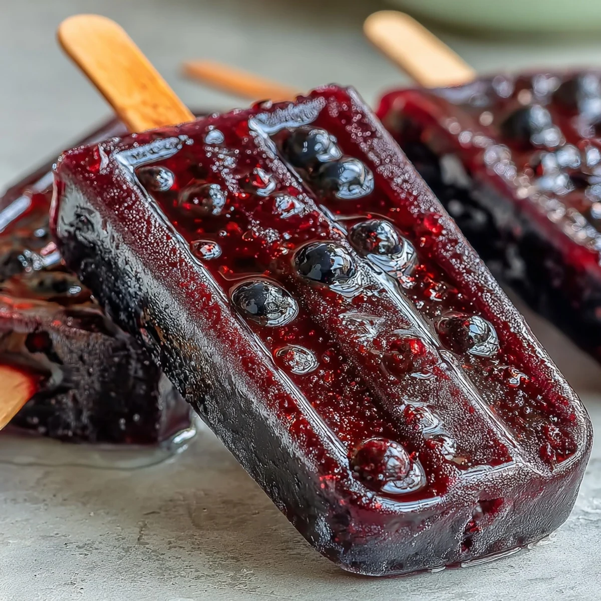 Handheld Black Currant Popsicles served upright in a metal tin, garnished with fresh mint leaves.