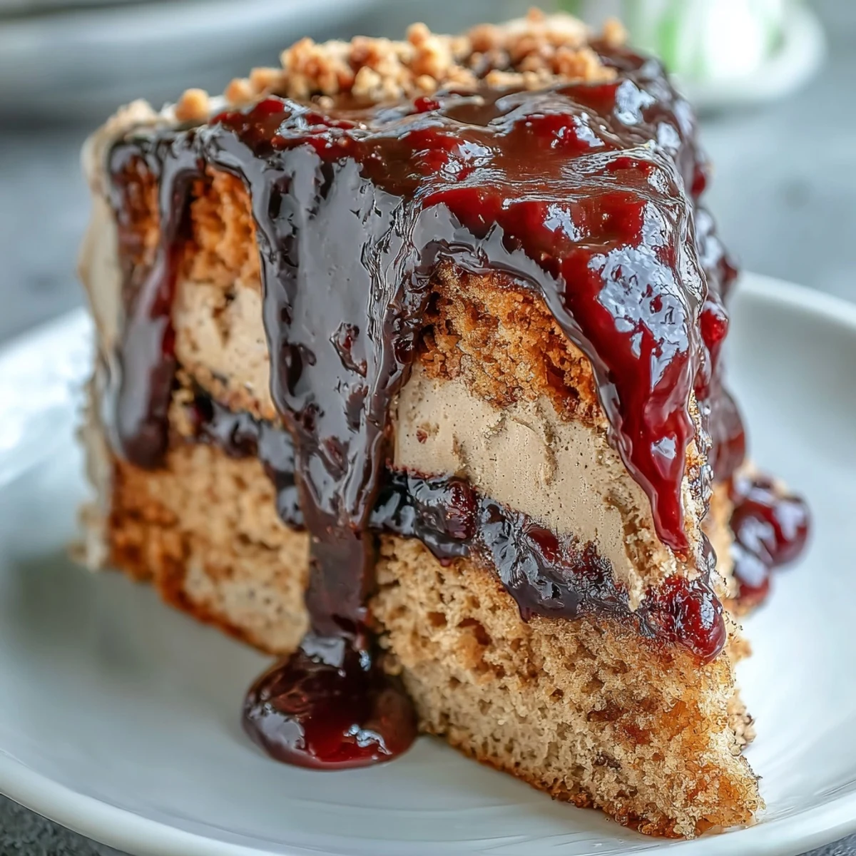 Homemade PB and J Cake With Black Currant Sauce garnished with fresh black currants on marble.