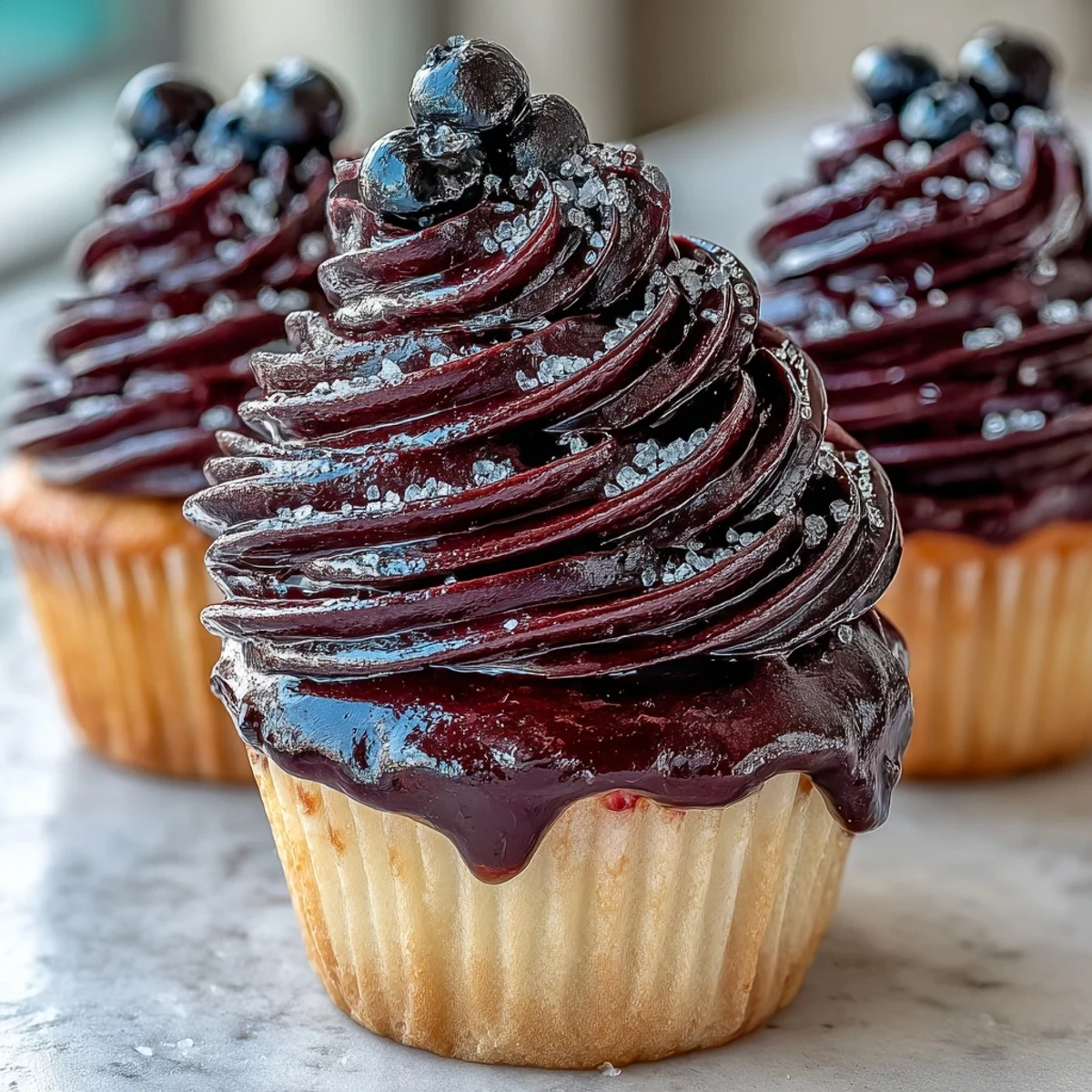 Swirled Black Currant Frosting topping a vanilla cupcake, garnished with fresh berries.