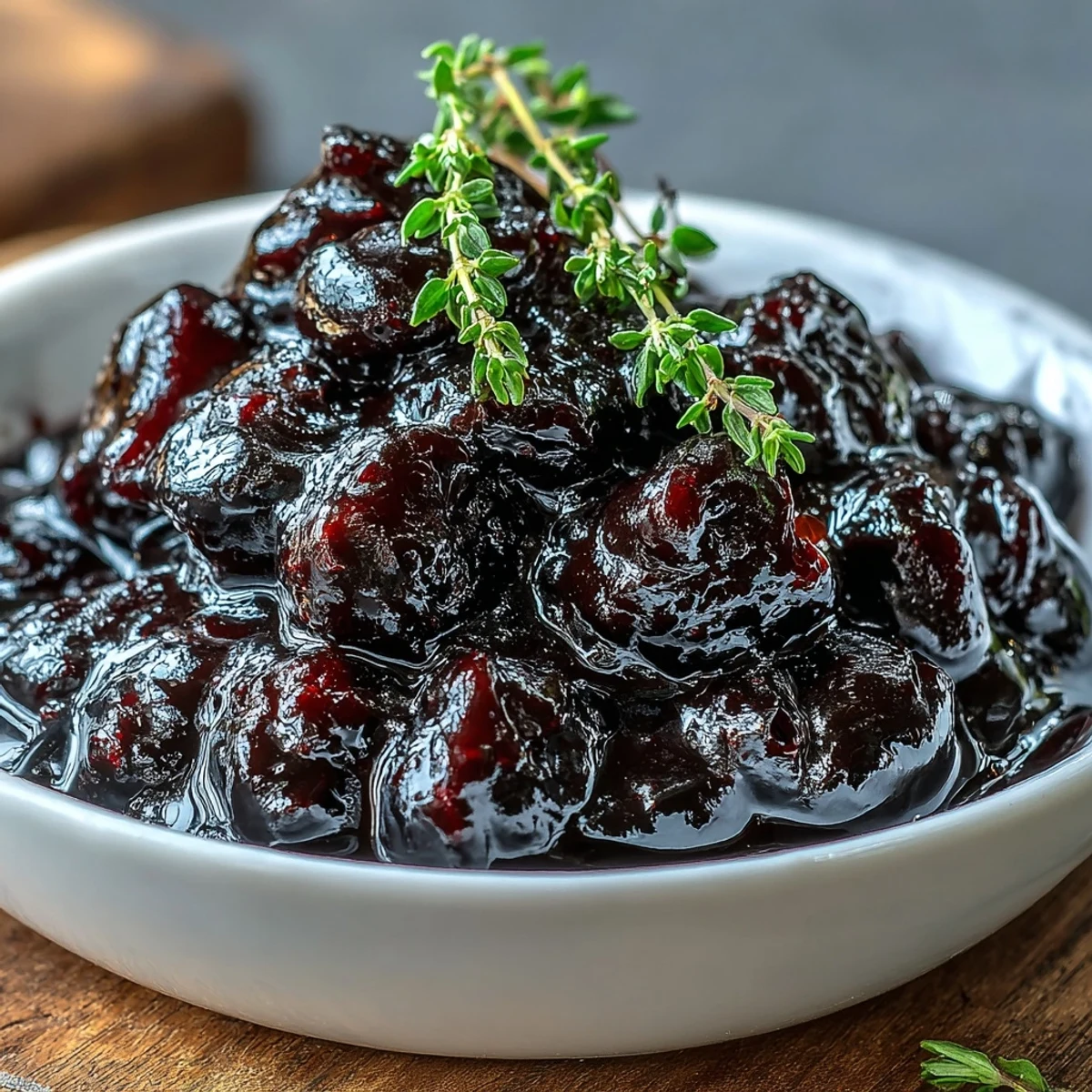 In a small saucepan, simmering Black Currant Reduction emits steam featuring deep purple fruit and aromatic herbs.