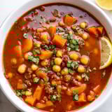 Hearty North African Harira Soup, brimming with chickpeas, lentils, and the warmth of spices, ready to eat.
