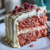 Elegant pink rosé-infused velvet cake topped with lush cream cheese frosting and a glamorous edible gold drip for bridal showers.