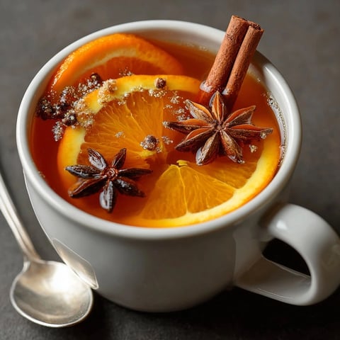 Steaming mug of Warm Spiced Ginger Apple Cider, garnished with a cinnamon stick and orange slice.