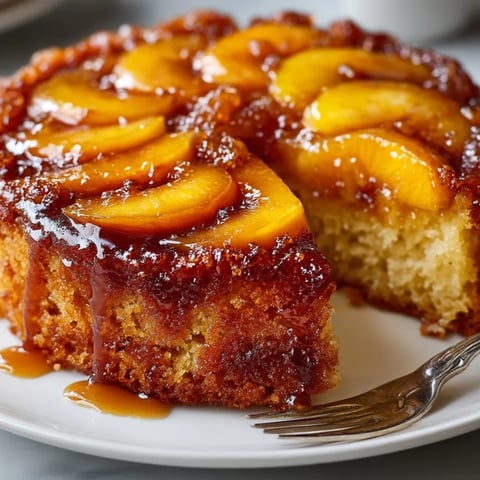 Golden, baked Ginger Peach Upside-Down Cake showcasing caramelized peaches, ready to serve.