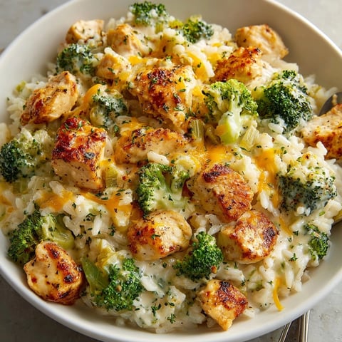 Tender Creamy Chicken and Broccoli Rice, bubbling in a skillet, ready for a comforting dinner.