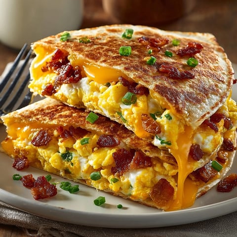 Golden-brown bacon and egg breakfast quesadillas, filled with cheesy goodness, alongside salsa and sour cream.
