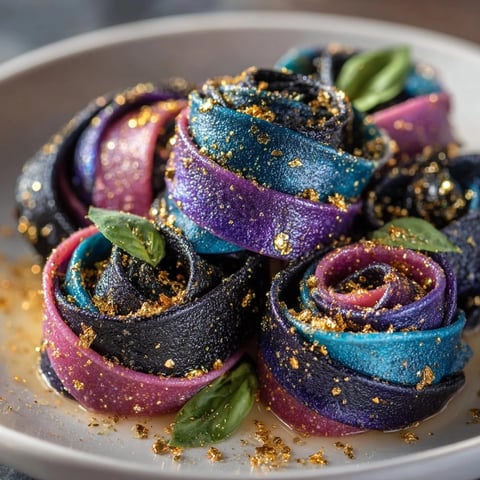 Vibrant galaxy pasta with activated charcoal swirl, a unique fusion main dish ready to serve.
