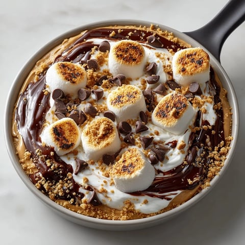 Peanut Butter S’mores Dip with Graham Cracker Crumbles bubbling hot from the oven, marshmallows golden.