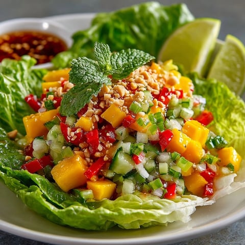 Colorful Thai Mango Avocado Salad Cups served in crisp lettuce leaves with fresh herbs.