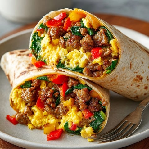 Breakfast wrap with turkey sausage, fluffy eggs, and fresh veggies on a warm tortilla