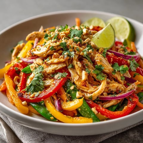 Colorful Thai Peanut Chicken Stir-Fry in a wok with glossy vegetables and creamy sauce