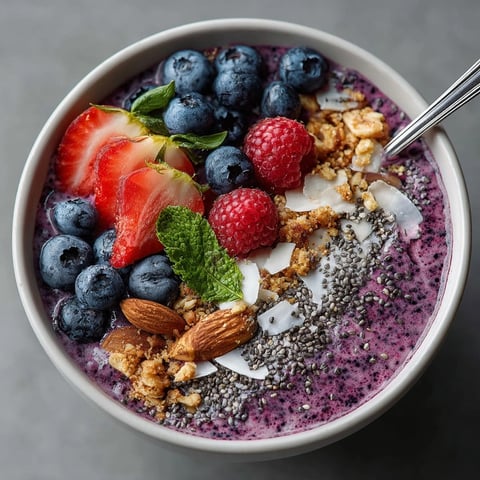 Protein Smoothie Bowl with Berries topped with granola, almonds, and fresh vibrant fruit.