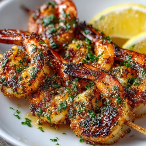 Garlic Butter Shrimp Skewers sizzling on a grill, glazed with buttery herbs and lemon.