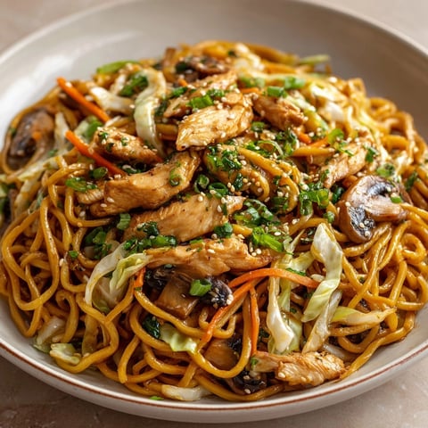 Chicken Lo Mein with glistening noodles, tender chicken, and vibrant sautéed vegetables served hot.