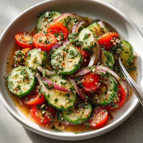 Vibrant Marinated Cucumbers, Onions, and Tomatoes salad glistening with tangy vinaigrette, ready to serve.