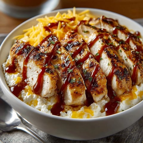 Macro Friendly BBQ Ranch Chicken Bowl topped with cheddar cheese and creamy ranch drizzle in a white dish