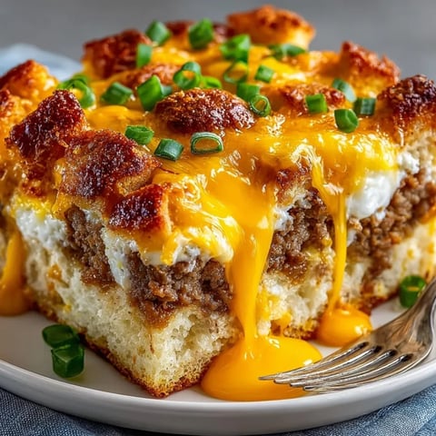 Hearty overnight breakfast casserole bursting with savory sausage, melted cheese, and golden baked eggs.