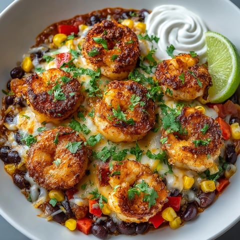Golden, bubbly Shrimp Enchilada Skillet ready to serve, garnished with cilantro and fresh lime.