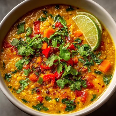 Creamy Thai Yellow Curry Lentil Soup steaming hot, garnished with fresh cilantro and lime.
