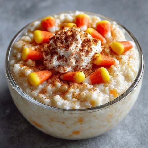 Bowl of warm, fragrant Pumpkin Spice Rice Pudding topped with colorful candy corn.