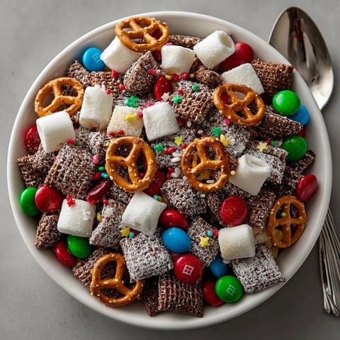 Festive Reindeer Chow: A sweet, crunchy snack mix with chocolate, perfect for Christmas.