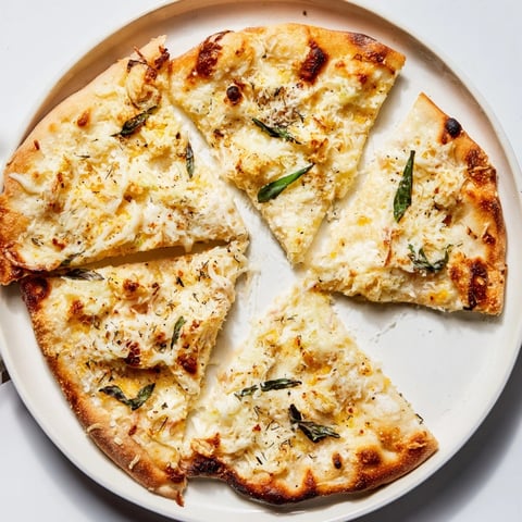 Golden crust of delicious White Pizza with creamy ricotta, mozzarella, and fresh basil.