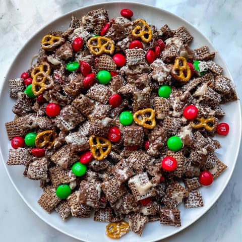 A close-up of delicious Simplified Reindeer Chow mix with colorful candies and crunchy pretzels.