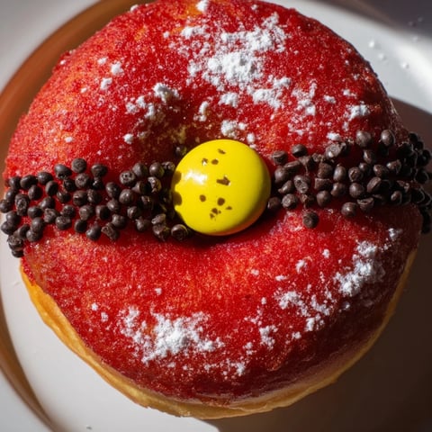 Santa Belly Donuts, glazed red and decorated, ready to enjoy for a festive treat this holiday season.