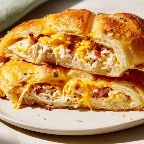 Golden-brown Cheesy Chicken and Bacon Crescent Rolls, smelling delicious after baking in the oven.