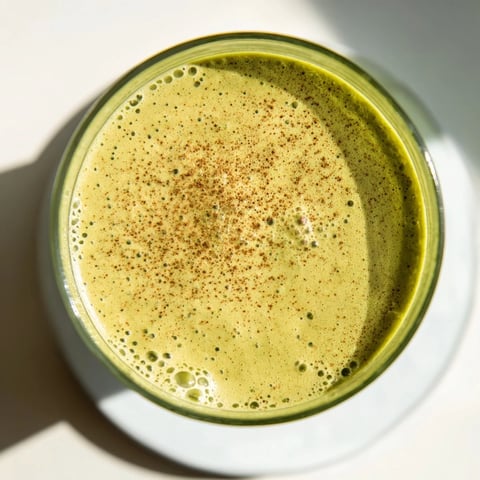 Creamy matcha eggnog collagen breakfast smoothie, a festive, green-hued drink with banana slices.