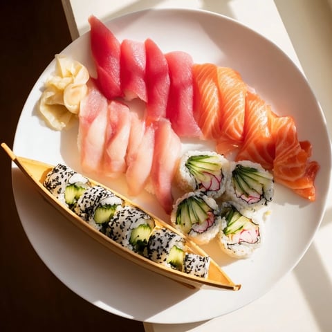 Sail Away Boat-Shaped Sushi Platter: A vibrant display of sushi rolls and sashimi, perfect for a special meal.